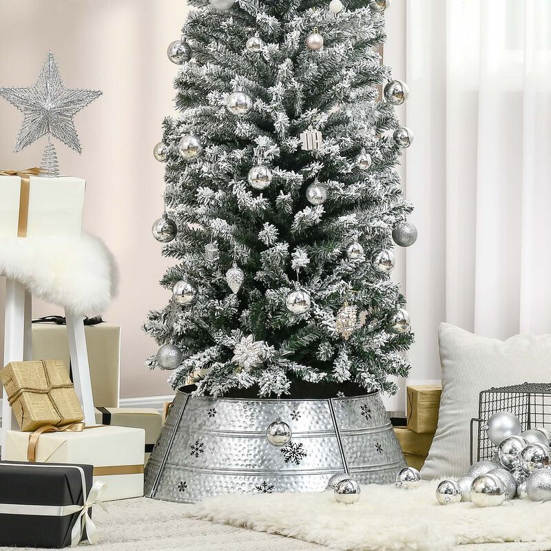 Christmas Tree Collar Steel Tree Ring Skirt w/ Snowflake Print, 26" Base, Silver