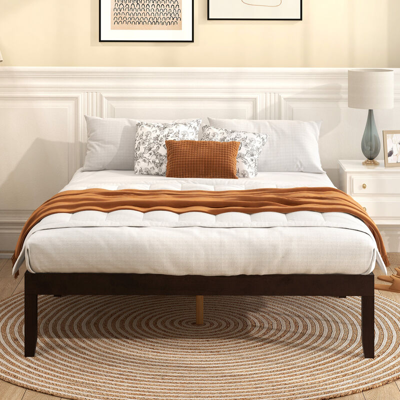 Wood Bed Frame with Wooden Slats Support and Rubber Wood Legs
