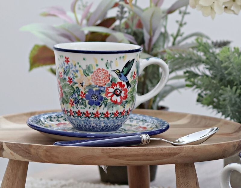 Blue Rose Polish Pottery Mardi Gras Coffee Mug & Saucer