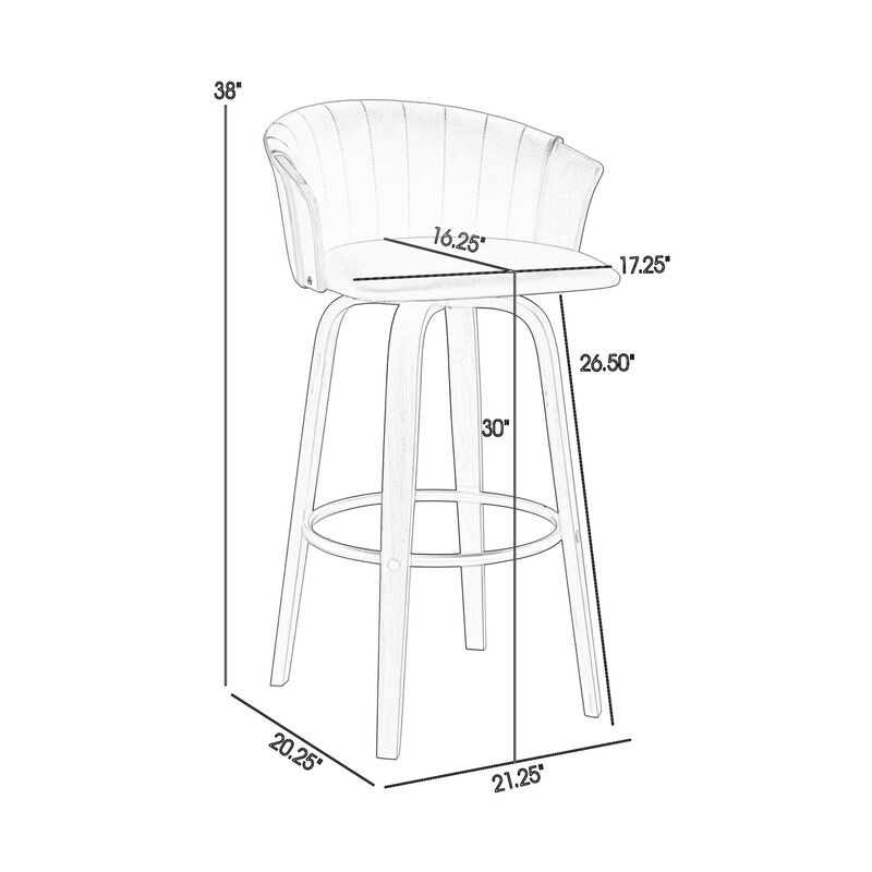 Oja 30 Inch Swivel Barstool Chair, Gray Faux Leather, Curved, Walnut Brown - Benzara