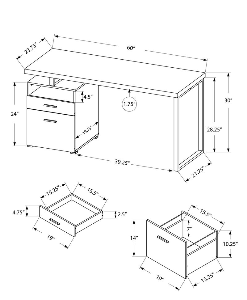 Monarch Specialties Computer Desk, Home Office, Laptop, Left, Right Set-Up, Storage Drawers, 60"L, Work, Metal, Laminate, White, Grey, Contemporary, Modern