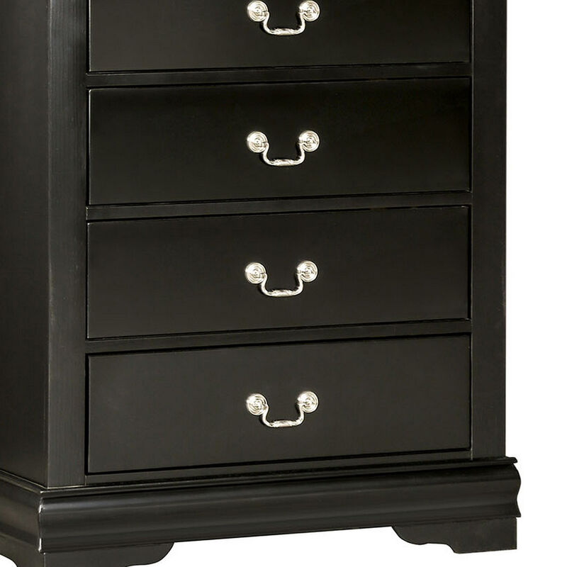 Ryla Tall Dresser Chest, 5 Drawers, Nickel Metal Handles, Black Solid Wood
