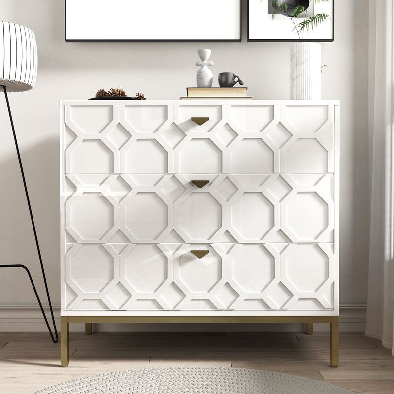 MONDAWE Freestranding Honeycomb Wooden 3-Drawer Storage Cabinet Table