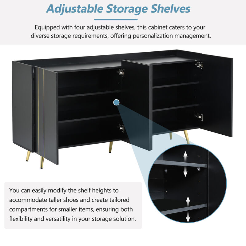 Luxurious Shoe Cabinet with 5 Metal Legs, Modern TV Stand with 4 Adjustable Shelves for TVs Up to 70", Minimalist Sideboard Cabinet with Gold Lines Doors for Living Room