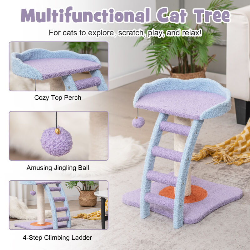 19 Inch Mohair Plush Cat Tree with Ladder and Jingling Ball-Purple