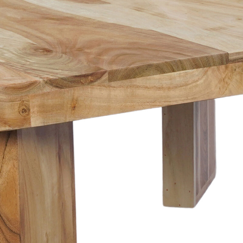 Cascade 32 Inch Coffee Table, Handcrafted Natural Acacia Wood, Square Top with Diagonal Wide Panel Legs