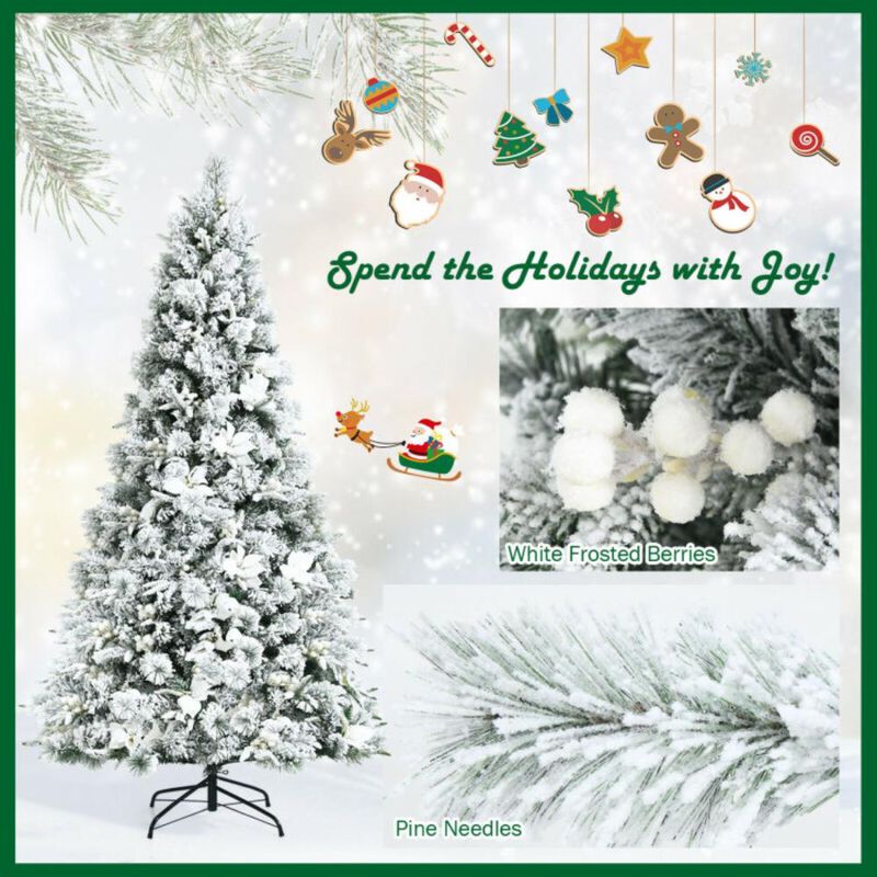 Hivvago 7 Feet Snow Flocked Christmas Tree with Poinsettia Flowers