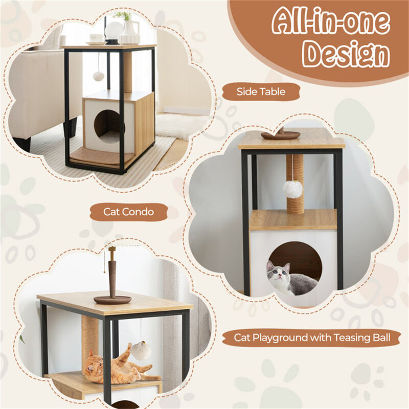 2-in-1 Cat Coffee Table & Cat House with Scratching Post, Stylish Pet Furniture