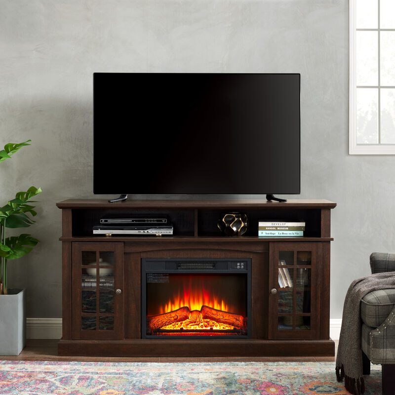 Modern TV Stand with Fireplace Insert, Espresso, 58.25" W