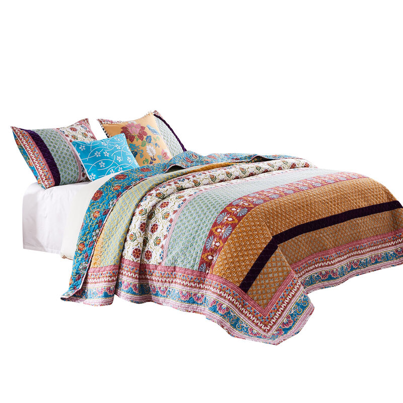 Sama 5 Piece Reversible Full Quilt Set, Floral Print Patterns, Multicolor - Benzara