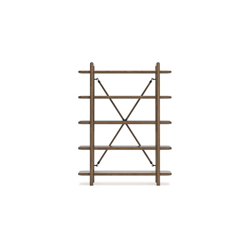 Rohan Bookcase w 5 Display Shelves, Brown Wood X Cross Back, 71 Inch - Benzara