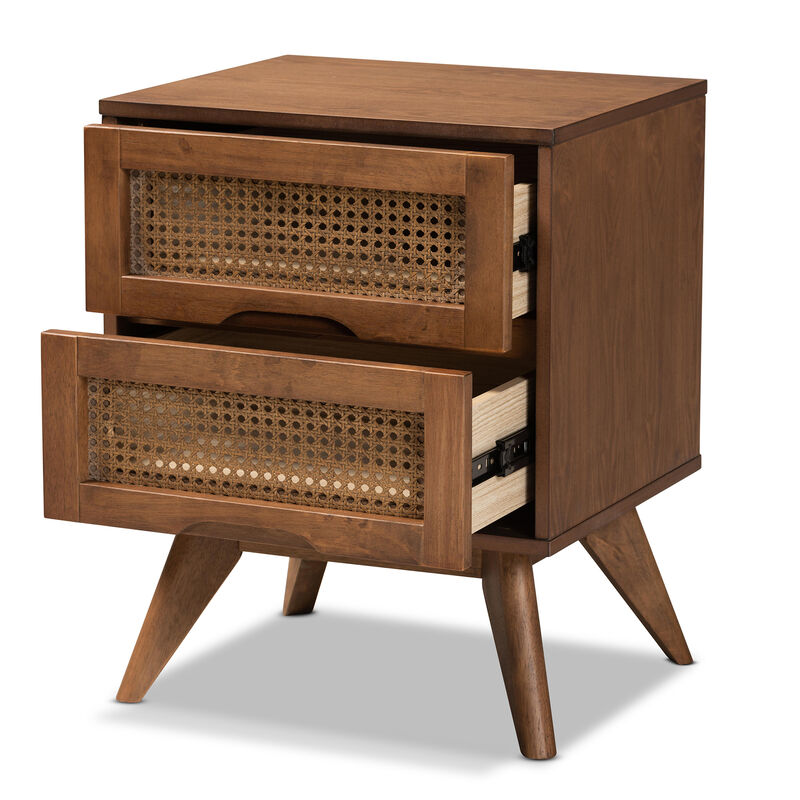 Baxton Studio Barrett Walnut Brown Finished Wood And Synthetic Rattan 2 Drawer Nightstand