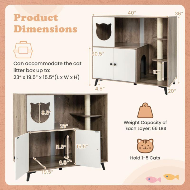 Hivvago Cat Litter Box Enclosure with 3 Sisal Scratching Posts for Indoor Cats-Natural