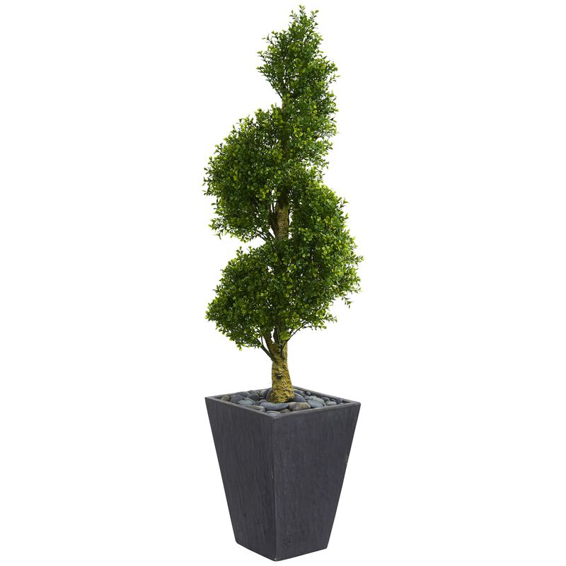 Hivvago 5 Feet Boxwood Spiral Topiary Artificial Tree in Slate Planter UV Resistant (Indoor/Outdoor)
