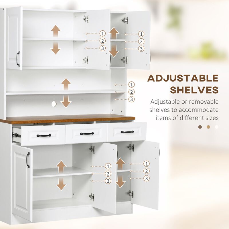 White Kitchen Hutch: 71" Pantry Cabinet with Drawers & Countertop