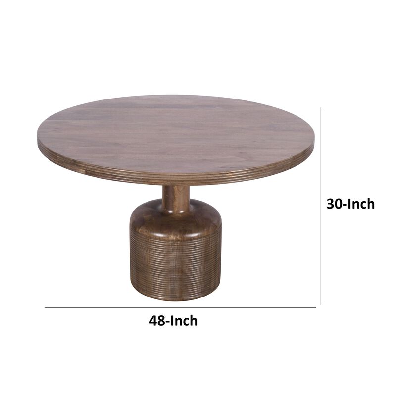 Rise 48 Inch Dining Table, Round Top, Pedestal Base, Rich Brown Wood - Benzara