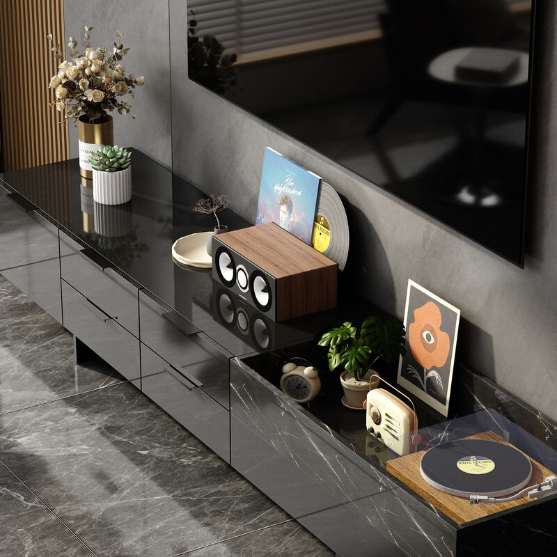 FUFU&GAGA Modern High-Gloss Black TV Stand with Marble Texture, 5 Drawers and Open Storage Compartment (78.7" W x 15.7" D x 14" H),Black