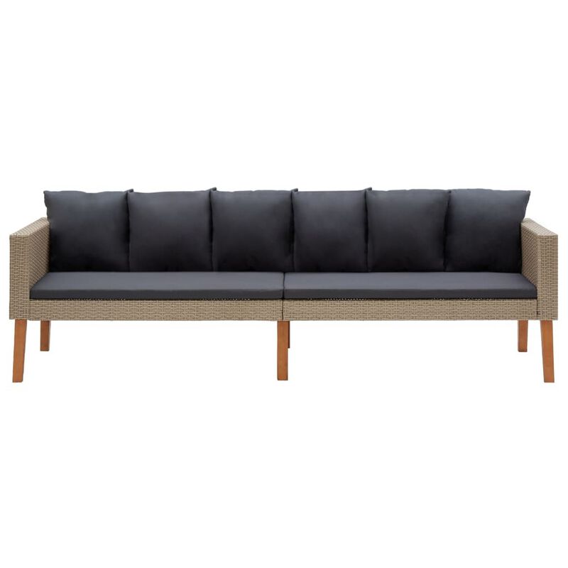 Outdoor 3 Seater Patio Sofa, 86 Inch Beige Poly Rattan, Gray Cushions - Benzara