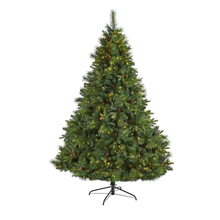 Nearly Natural West Virginia Full Bodied Mixed Pine Artificial Christmas Tree with Clear LED Lights and Pine Cones