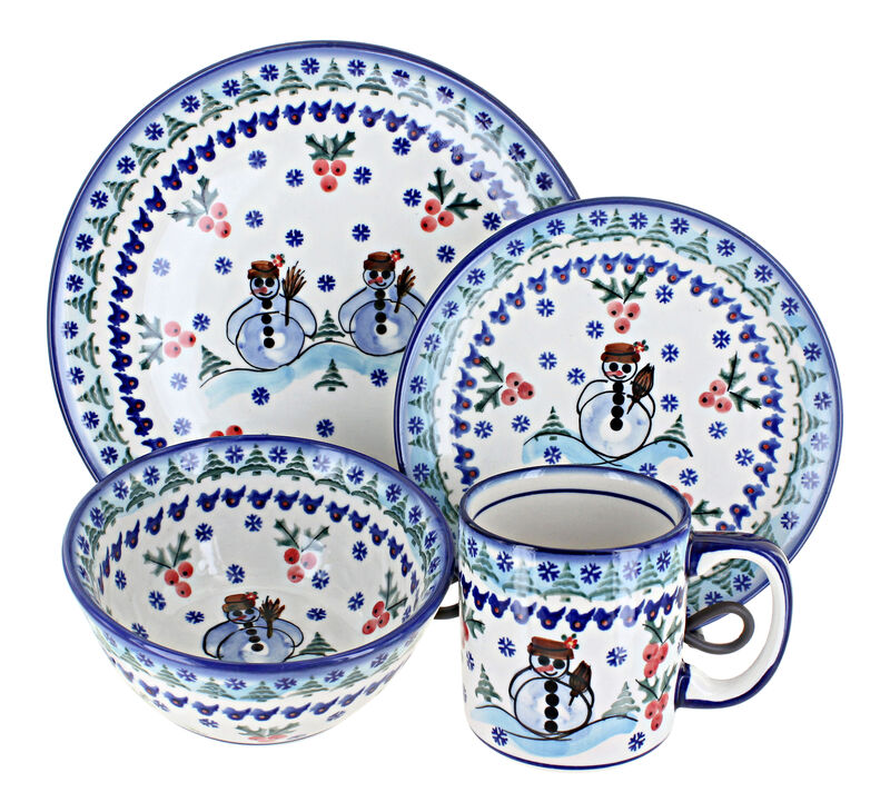 Blue Rose Polish Pottery Roses Are Red 16 Piece Dinnerware Set