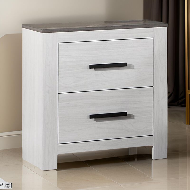 Kopa 26 Inch Nightstand with 2 Drawers, Black Handles, White Wood Finish - Benzara