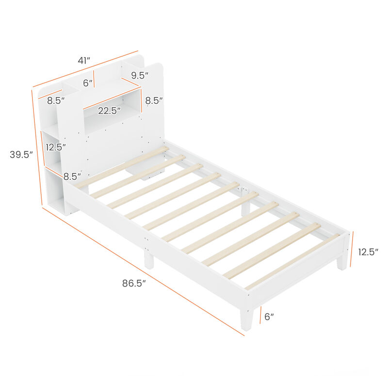 Wooden Platform Bed Frame with Bookcase Headboard