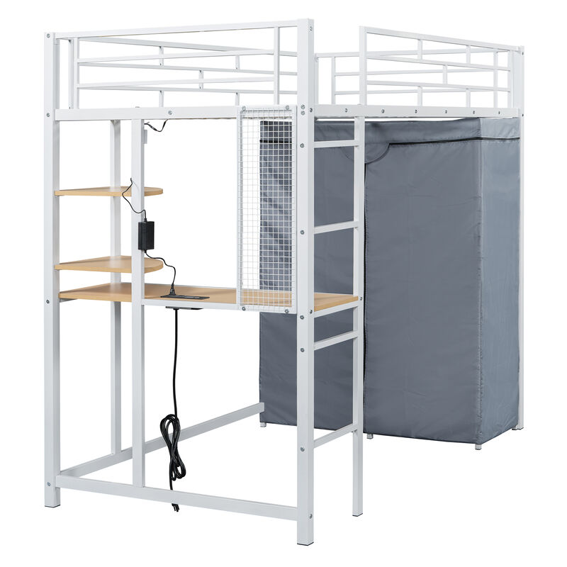 Merax Metal Loft Bed with Storage  and Wardrobe
