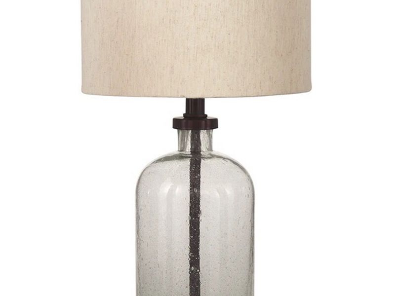 Cylindrical Seeded Glass Table Lamp with Fabric Drum Shade, Beige and Clear - Benzara