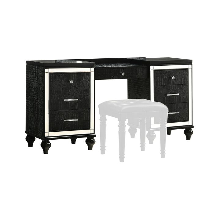 Kya 64 Inch Vanity Dresser Table with 7 Drawers, Mirrored Trim, Glam Black - Benzara
