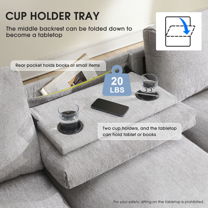 96*35''Chenille Sectional Sofa with Bluetooth Speaker,Comfy Cloud Couch Set with Drop Down Table,Cup Holders,USB Charger,Storage Armrest,Wide Seat Sofa for Living Room,Apartment,Office