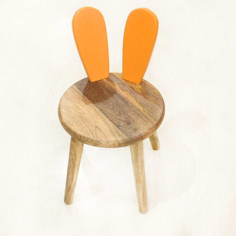Handmade 100% Mango Wood Kids Orange Color Round Shaped Rabbit Theme Indoor Table & Chair