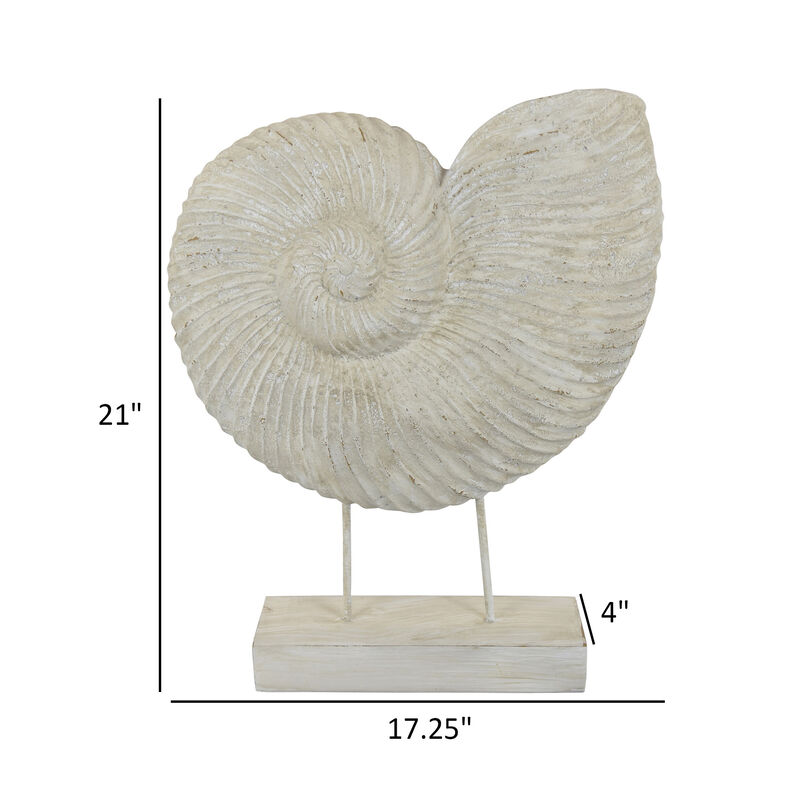 Seashell Tabletop Accent Decor, Faux Fossil, Rich White Resin 21 Inch - Benzara