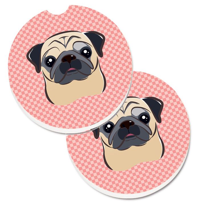 Caroline's Treasures Checkerboard Pink Fawn Pug Set of 2 Cup Holder Car Coasters BB1262CARC, 2.56, Multicolor
