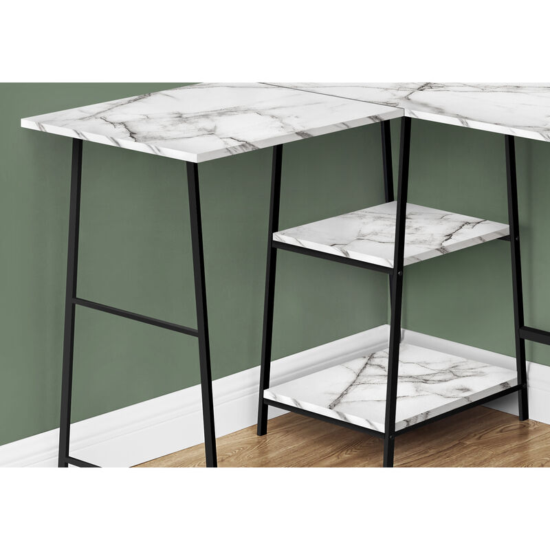 Monarch Specialties I 7595 Computer Desk, Home Office, Corner, Storage Shelves, 48"L, L Shape, Work, Laptop, Metal, Laminate, White Marble Look, Black, Contemporary, Modern
