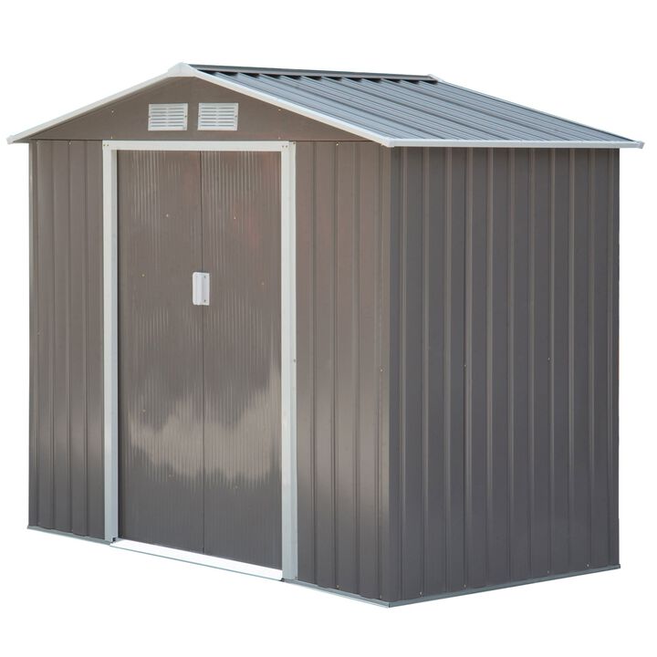 Compact Garden Vault: 7'x4' Grey/White Metal Utility Storage Shed Compact Garden Vault: 7'x4' Grey/White Metal Utility Storage Shed