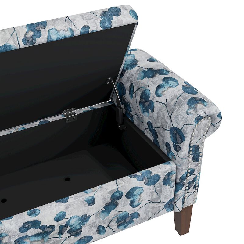 HL Home Furnishings Rolled Arm Storage Ottoman in Blue Floral Bonsai