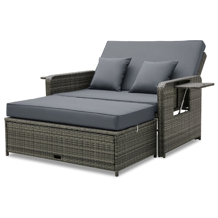 Wicker Loveseat Sofa with Multipurpose Ottoman and Retractable Side Tray