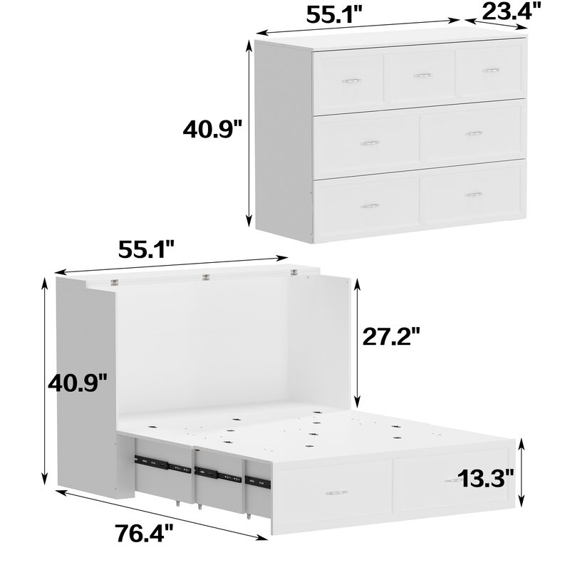 White Wood Frame Full Size Bed Murphy Bed Chest Cabinet With 2-Large Drawers, USB Charging Station and Wheels