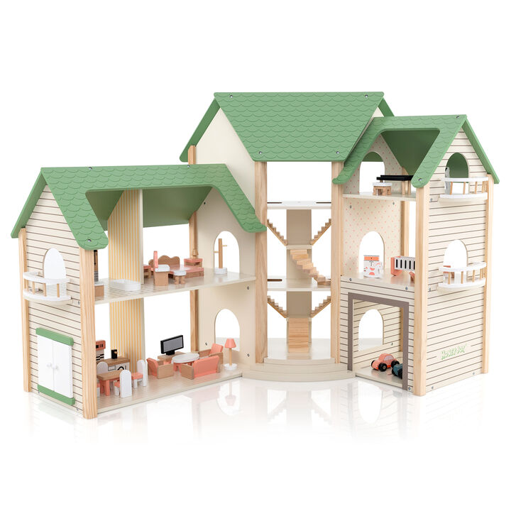 Wooden Corner Dollhouse Playset with 6 Rooms and 36 Pieces for Kids 3+ Years Old-Green Wooden Corner Dollhouse Playset with 6 Rooms and 36 Pieces for Kids 3+ Years Old-Green