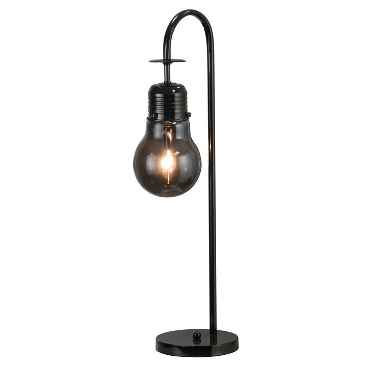 30 Inch Arc Table Lamp, Glass Bulb Shaped Shade, Metal, Black Nickel - Benzara