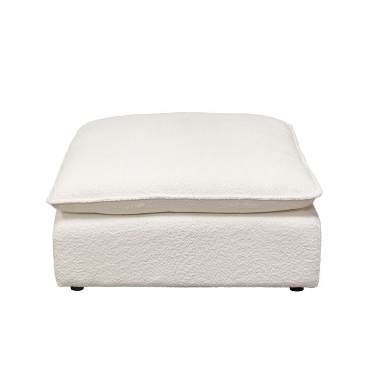 Agg 37 Inch Plush Ottoman, Feather Down Seat, White Faux Sheepskin - Benzara