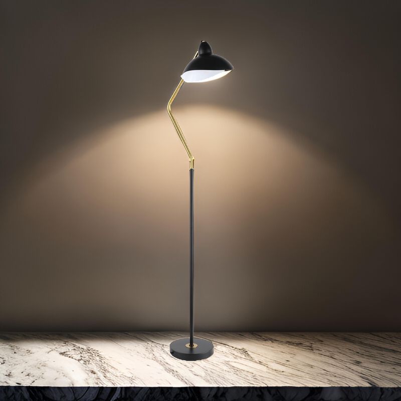 69 Inch Floor Lamp, V Curved Arm, Wavy Edges, Black Metal, Gold, White  - Benzara
