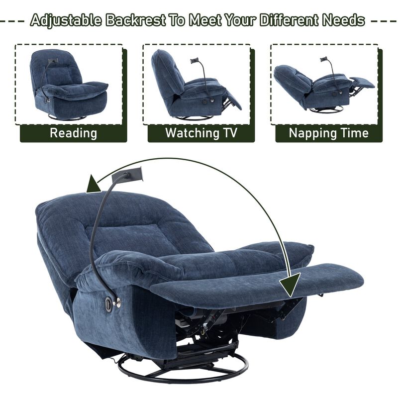 Lake Green Chenille Fabric Swivel Recliner with Mobile Phone Bracket