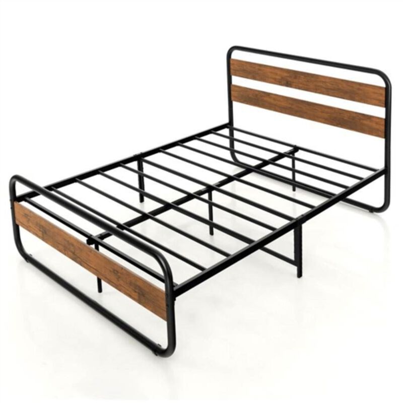 Hivvago Queen Industrial Wood and Metal Tube Platform Bed with Headboard and Footboard