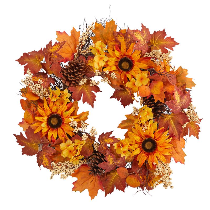 Hivvago 28" Autumn Maple Leaves, Sunflower, White Berries and Pinecones Artificial Fall Wreath