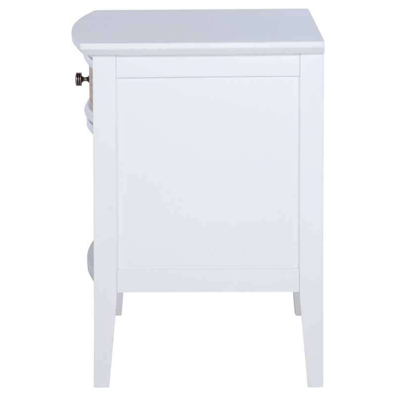 Heo Nightstand, 1 Brown Rattan Woven Drawer, Open Shelf, White Wood - Benzara