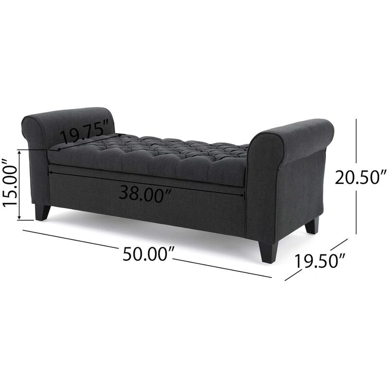 Shawn Storage Bench with Rolled Arms, 50 Inch Button Tufted Dark Gray  - Benzara