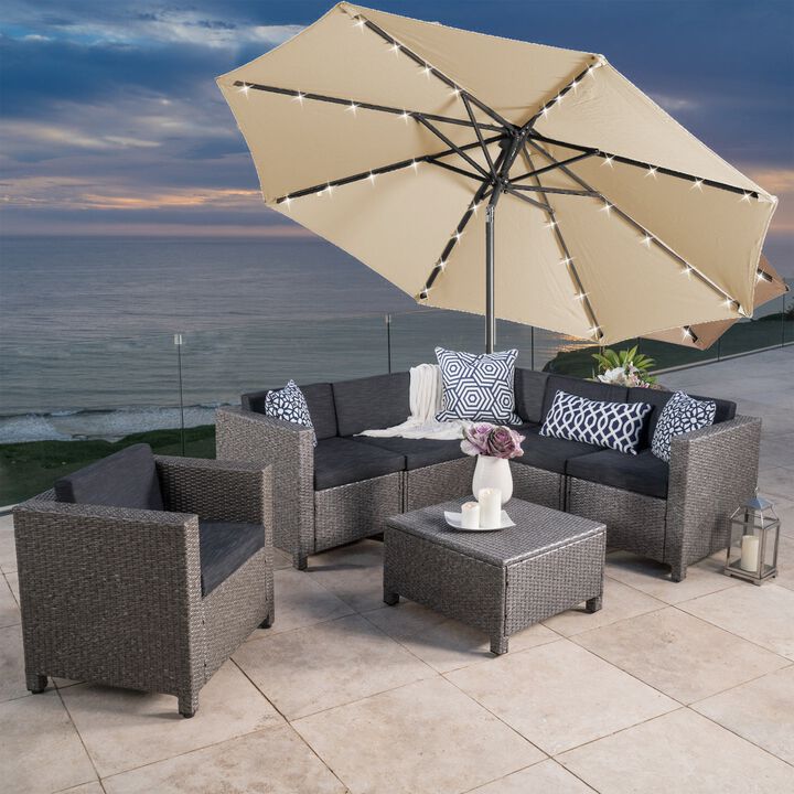 Mondawe 9ft Patio Umbrella Outdoor Market 32 LED Solar Umbrella with Tilt and Crank