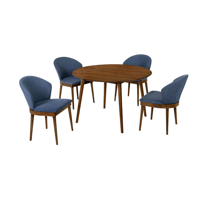 5 Piece Dining Set with Curved Side Chairs, Brown and Blue - Benzara