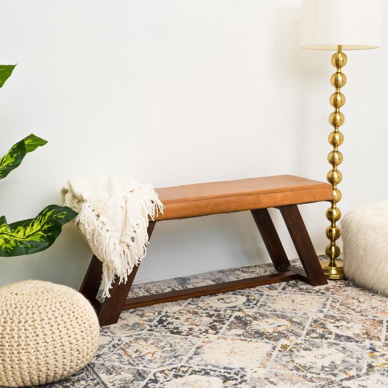 Ashcroft Furniture Co Marley Genuine Leather Bench in Tan